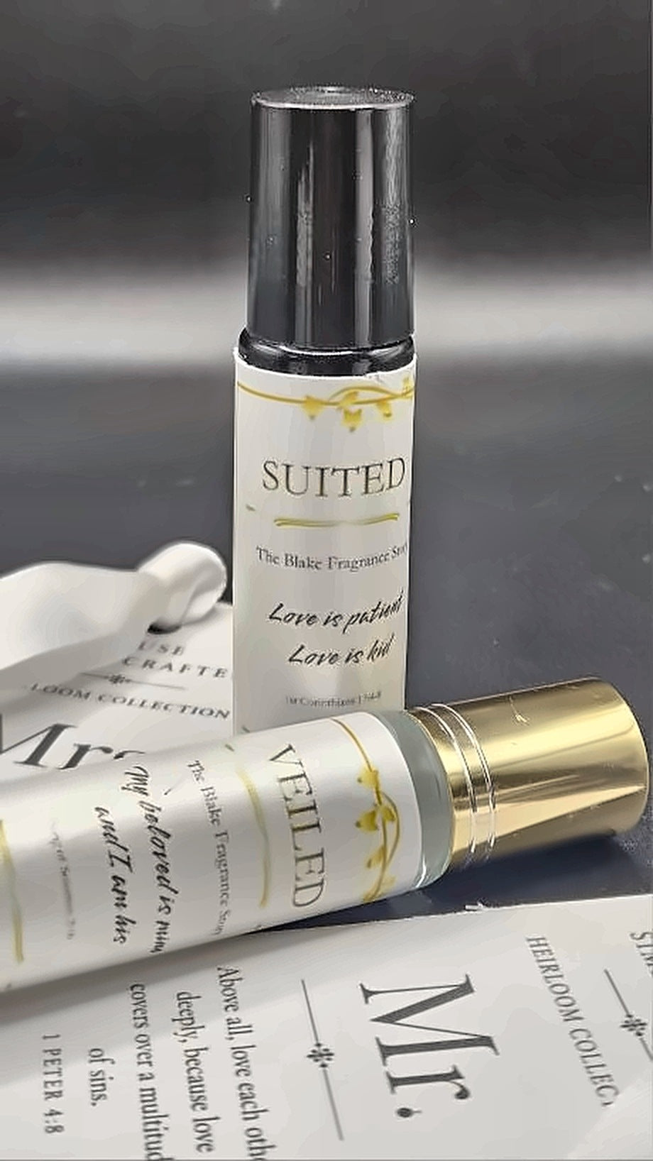 Suited and Veiled fragrance rollers for the First Bath Heirloom Collection