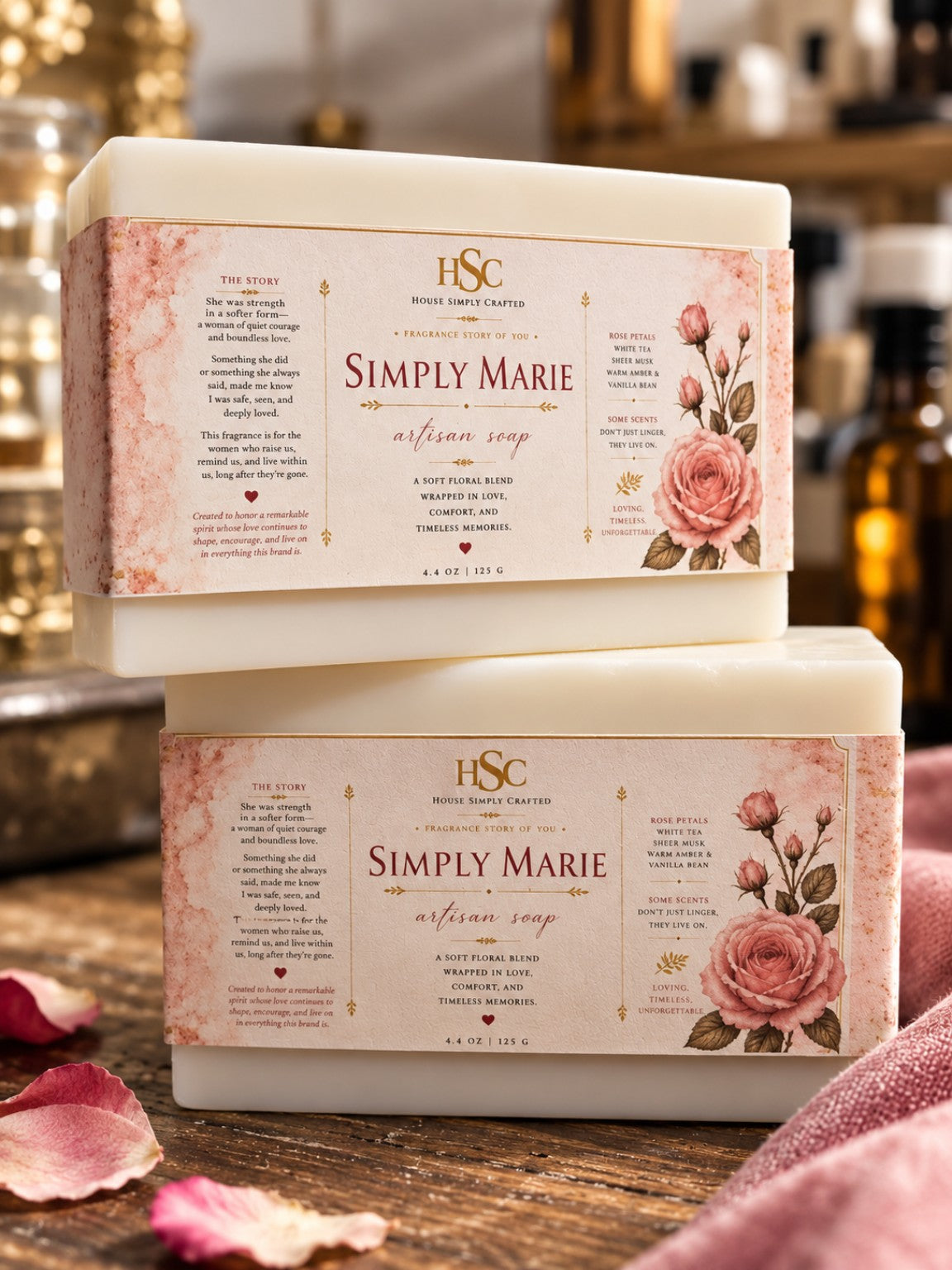 Simply Marie artisan soap bars with rose and gold House Simply Crafted labels