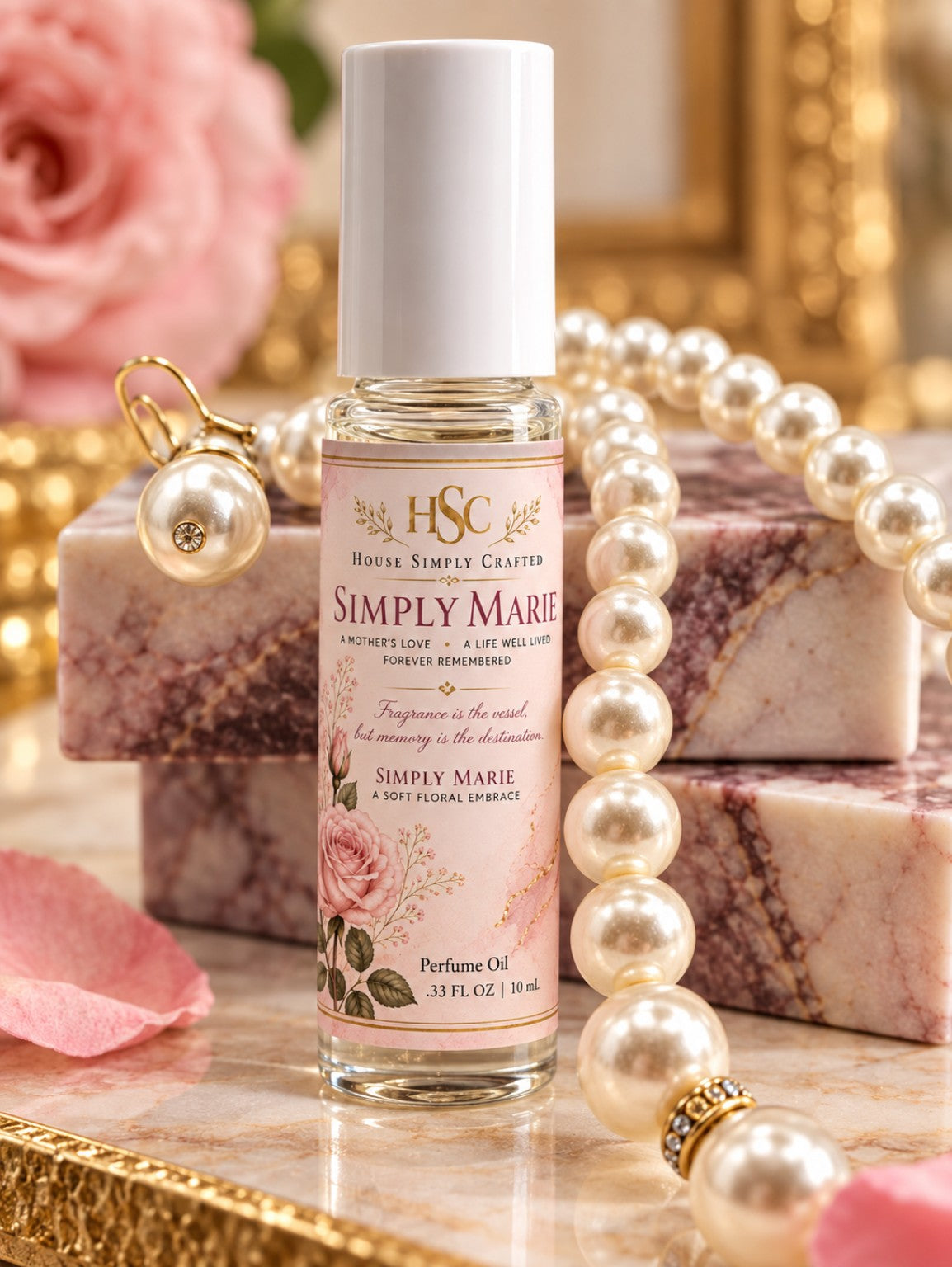 Simply Marie fragrance roller with pink floral label and pearl styling