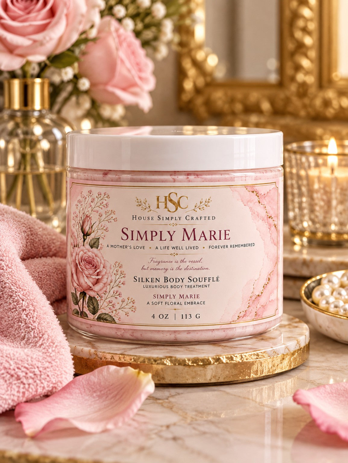 Simply Marie Silken Body Soufflé in rose pink and gold packaging