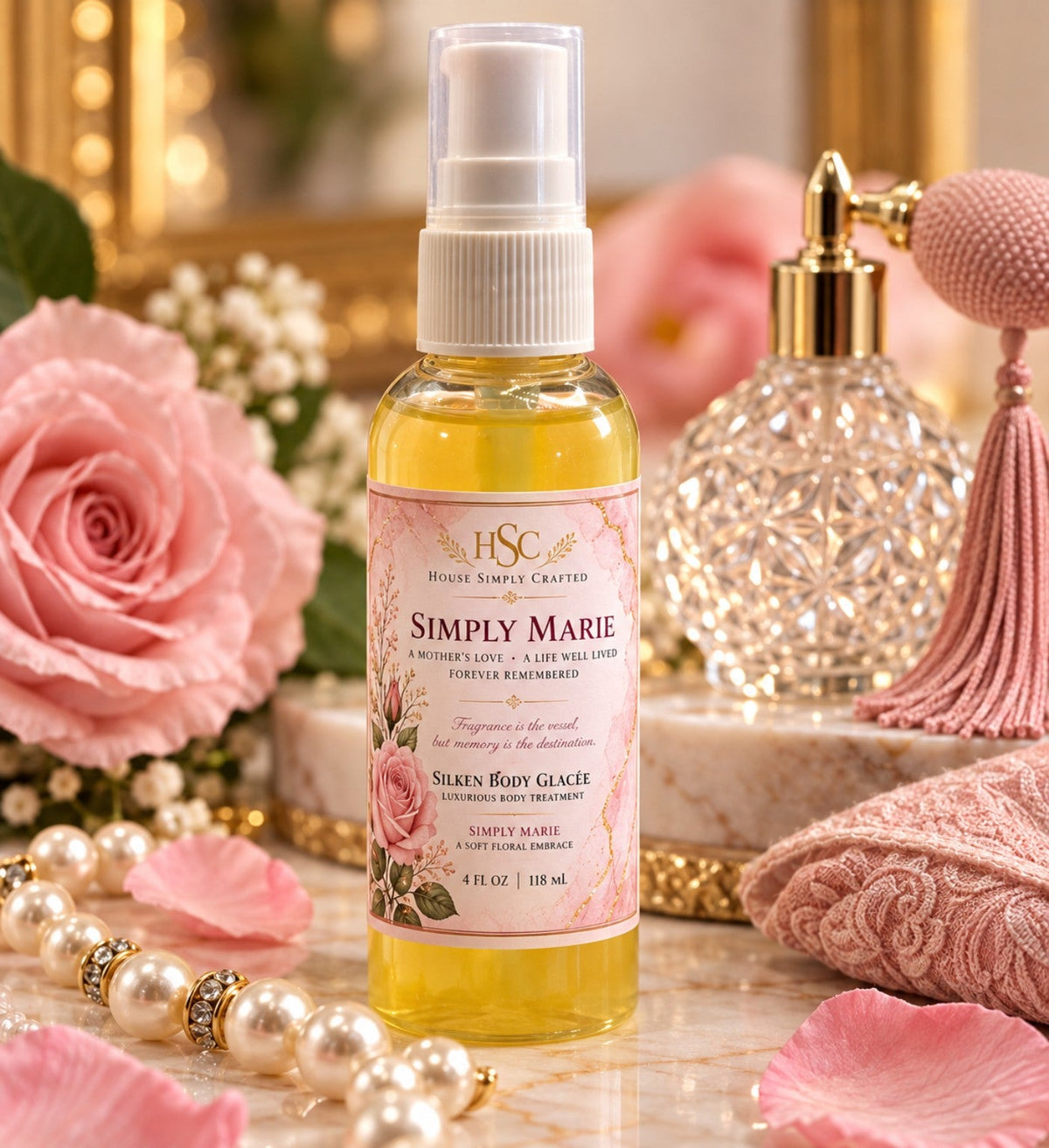 Simply Marie Silken Body Glacée, rose pink and gold House Simply Crafted packaging