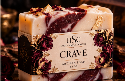 Crave artisan soap — dark woods, deep red roses, blueberry, handcrafted bath and body