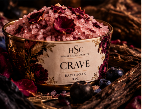 Crave bath soak — rose petals, dark woods, blueberry, handcrafted bath ritual