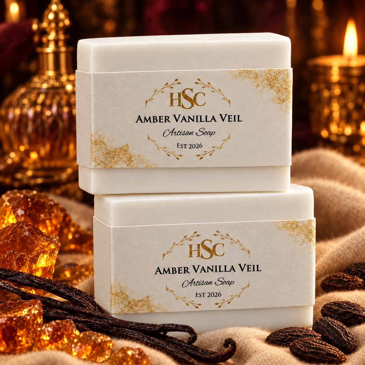 Amber Vanilla Veil Artisan Soap, pristine white bars with the HSC gold laurel label