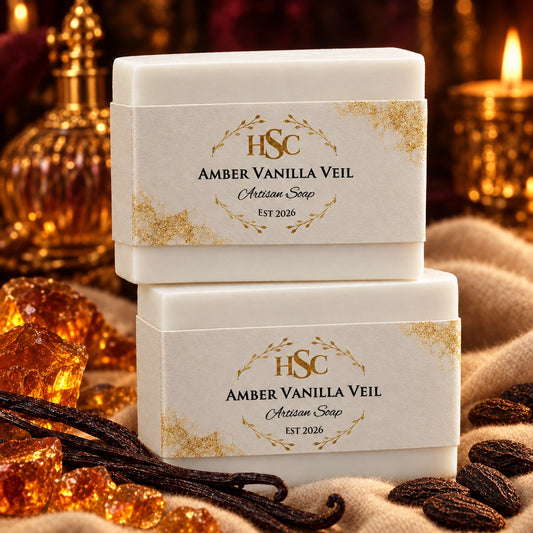 Amber Vanilla Veil Artisan Soap, pristine white bars with the HSC gold laurel label