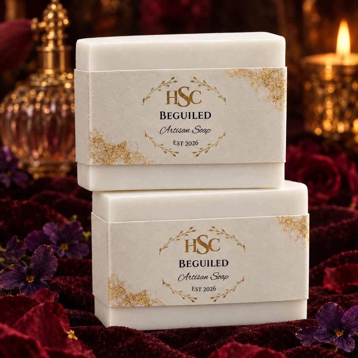 Beguiled Artisan Soap, pristine white bars with the HSC gold laurel label