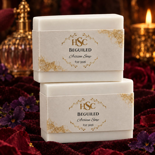 Beguiled Artisan Soap, pristine white bars with the HSC gold laurel label