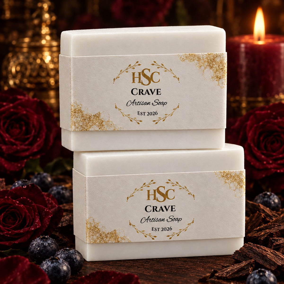 Crave Artisan Soap, pristine white bars with the HSC gold laurel label