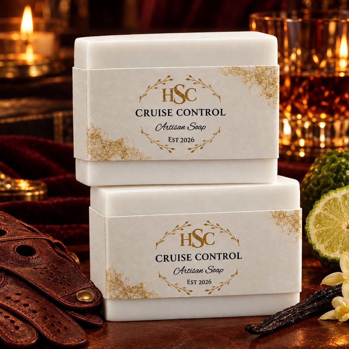 Cruise Control Artisan Soap, pristine white bars with the HSC gold laurel label