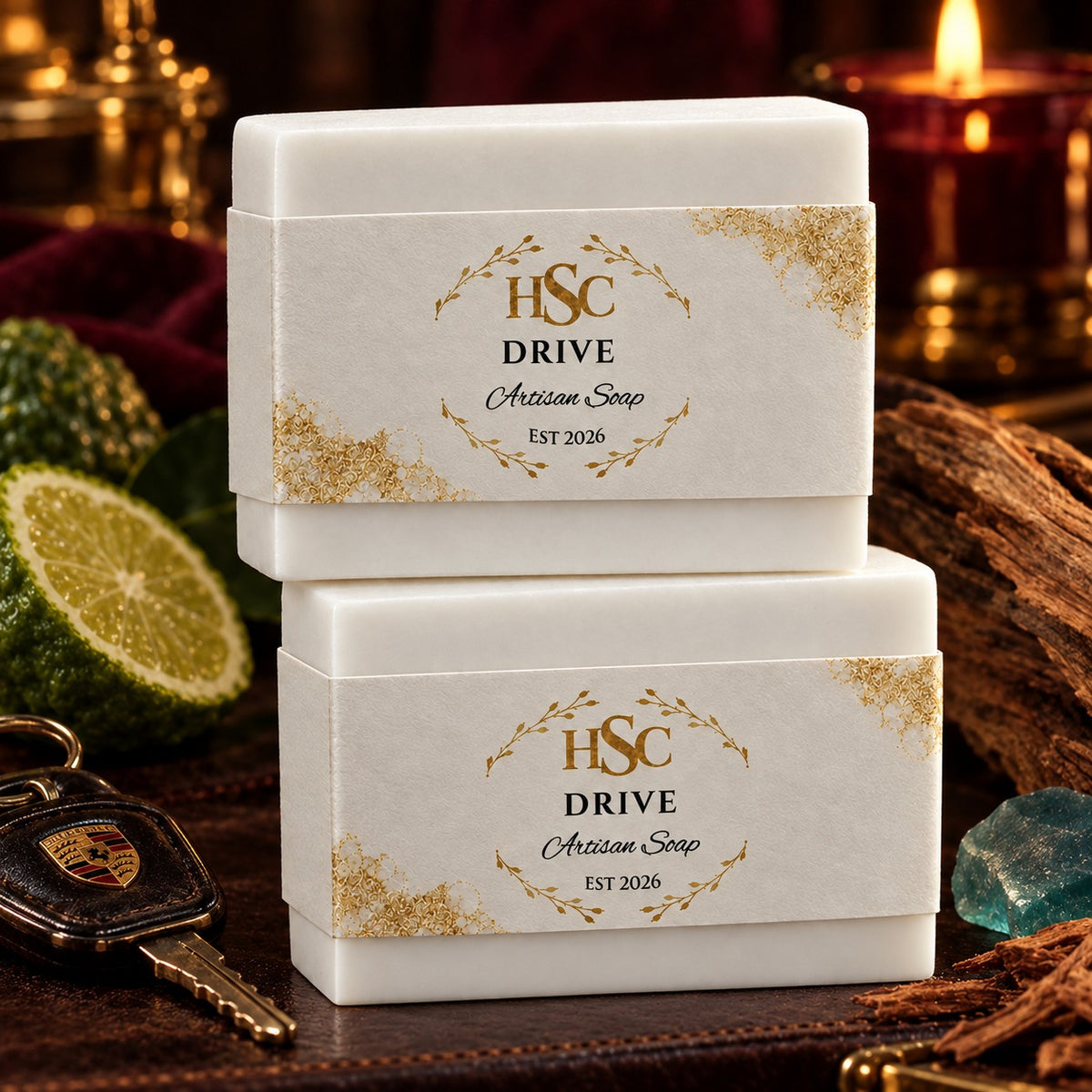 Drive Artisan Soap, pristine white bars with the HSC gold laurel label