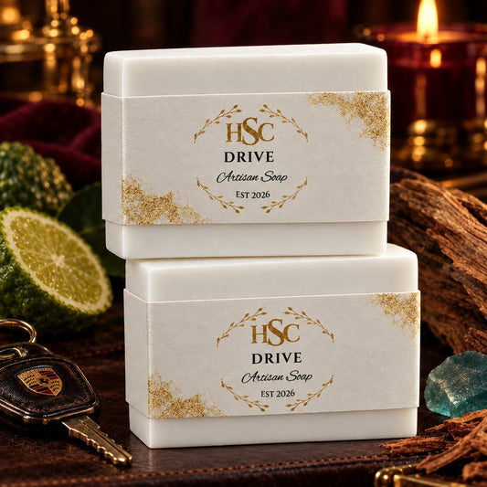 Drive Artisan Soap, pristine white bars with the HSC gold laurel label