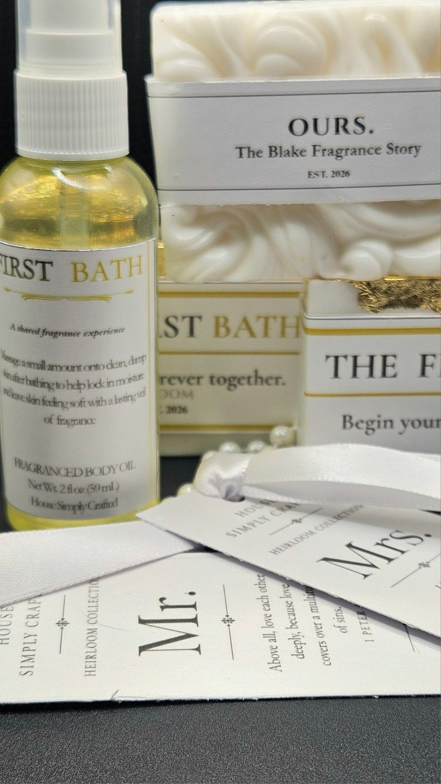 First Bath — The Blake Heirloom Collection detail with Ours soap, body oil and keepsake cards