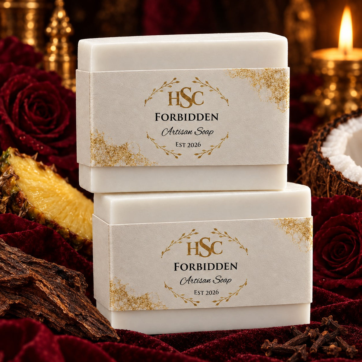 Forbidden Artisan Soap, pristine white bars with the HSC gold laurel label