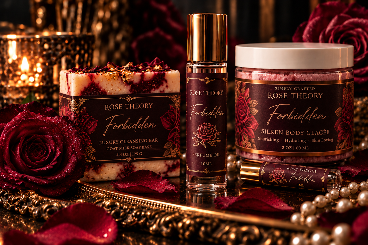 Forbidden Rose Theory collection in black, burgundy, and gold with artisan soap, perfume oil, and Silken Body Glacée