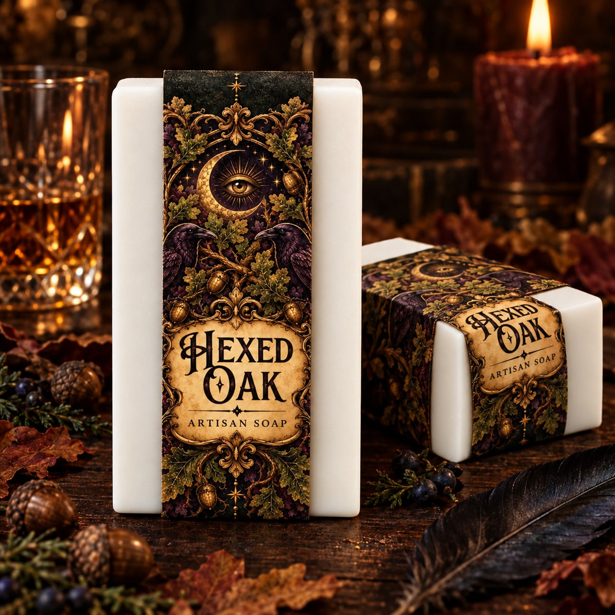 Hexed Oak Artisan Soap, pristine white bars with the seasonal apothecary label