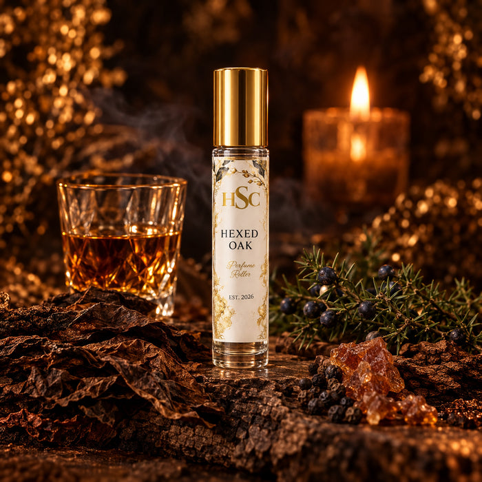 Hexed Oak fragrance roller with bourbon, tobacco and juniper, House Simply Crafted