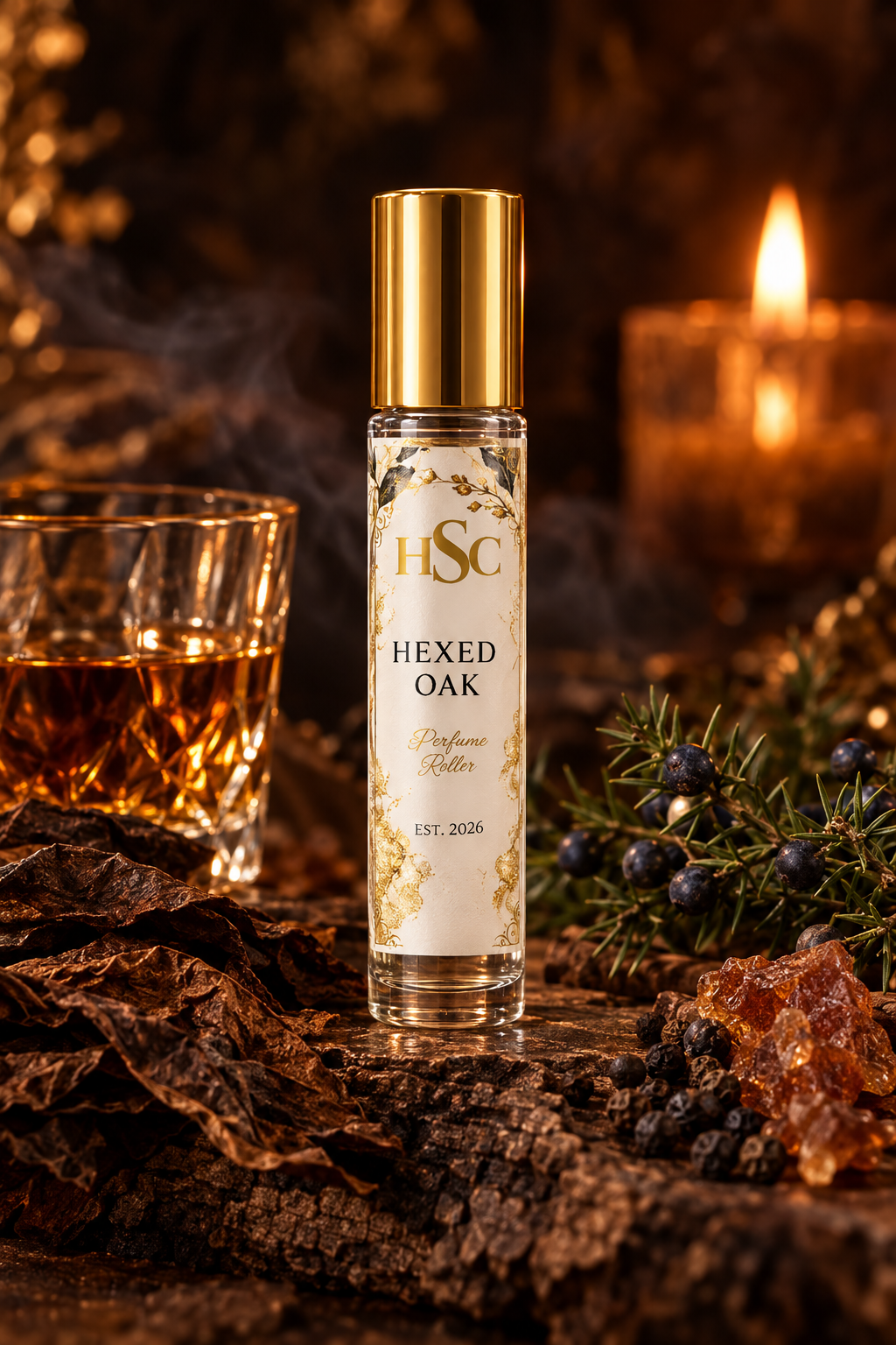 Hexed Oak fragrance roller with bourbon, tobacco and juniper, House Simply Crafted