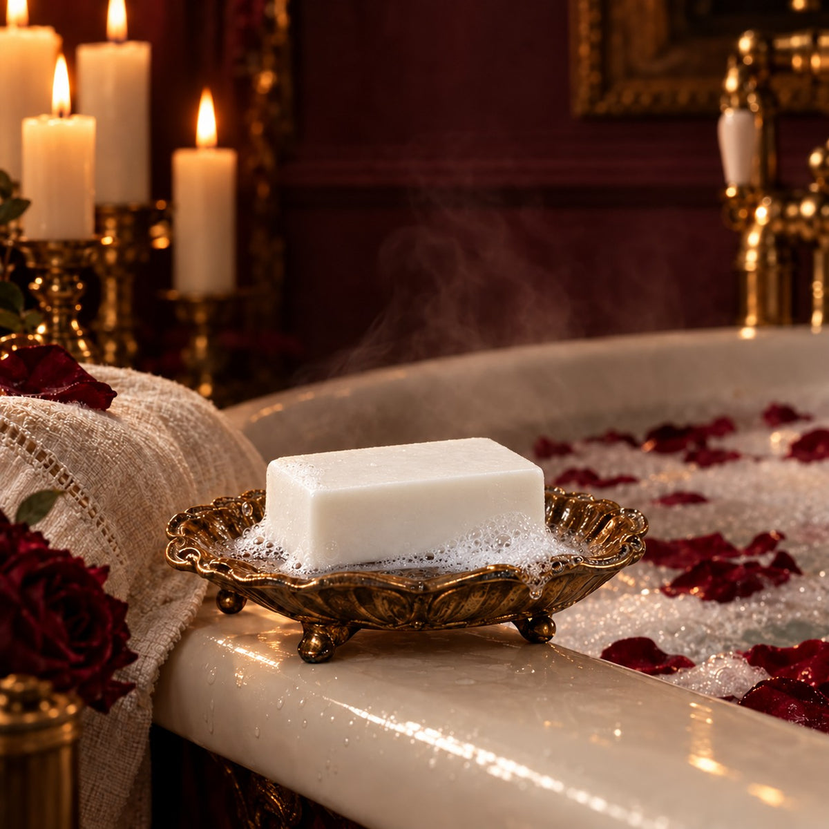 House Simply Crafted white artisan soap on a brass dish beside a candlelit rose petal bath