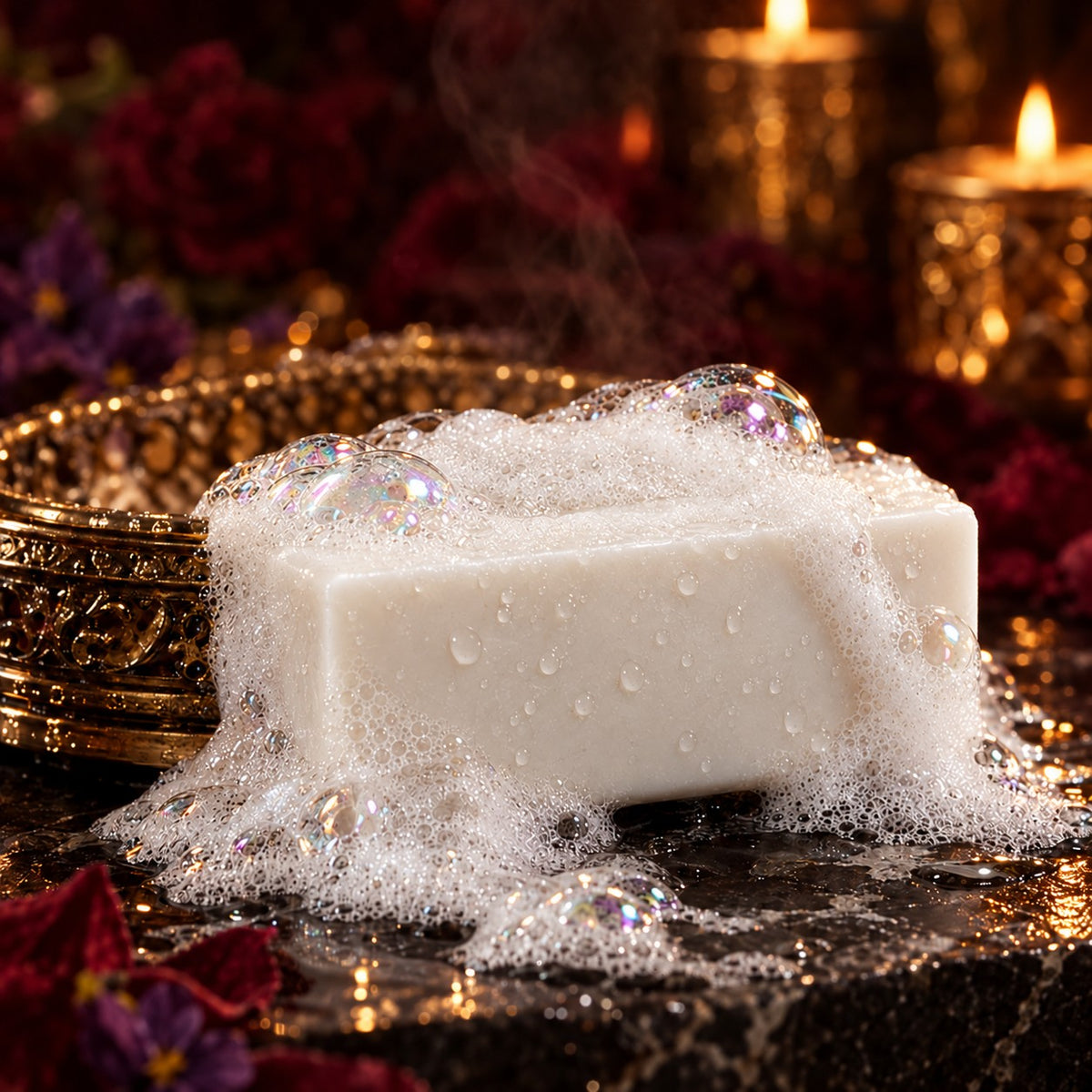 House Simply Crafted pristine white artisan soap covered in soapy bubbles and rich lather