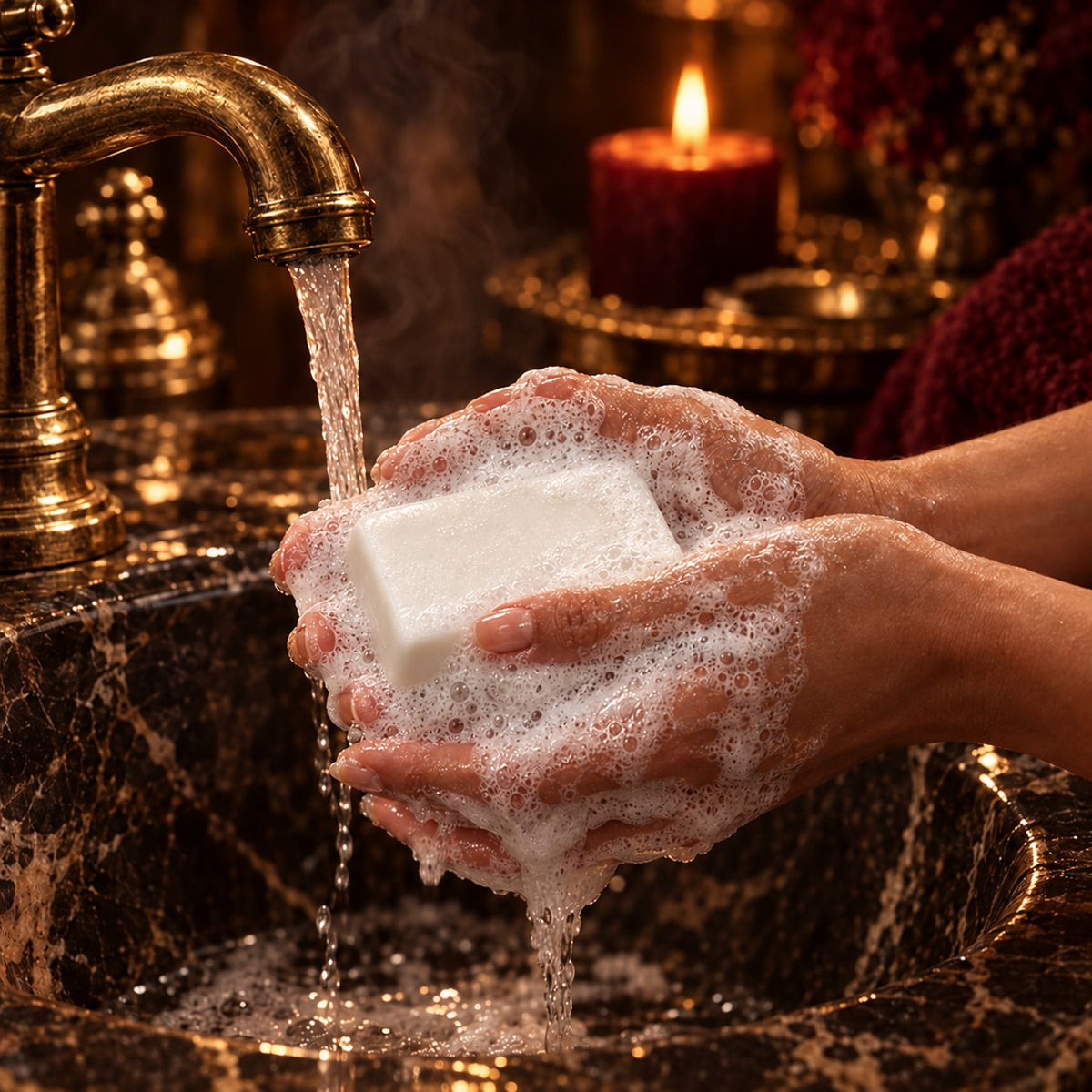Hands lathering a House Simply Crafted white artisan soap bar under warm running water