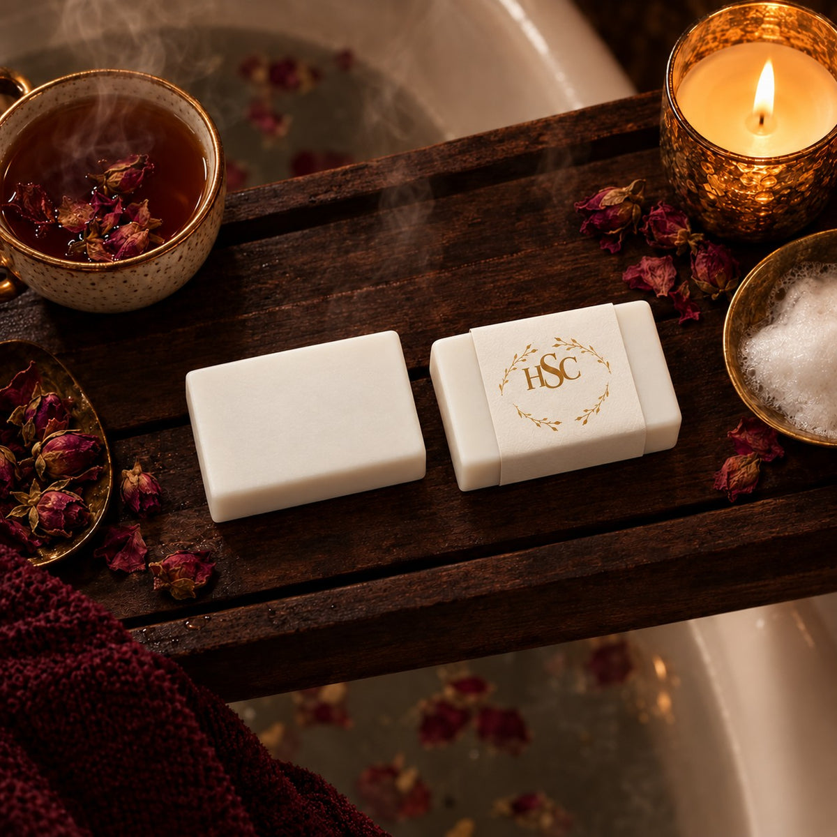 House Simply Crafted artisan soap unwrapped on a bath tray with tea, candle and rose buds