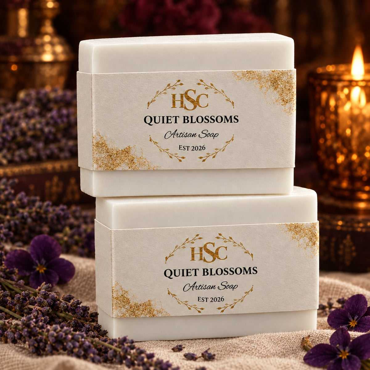 Quiet Blossoms Artisan Soap, pristine white bars with the HSC gold laurel label