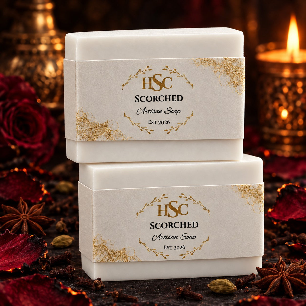 Scorched Artisan Soap, pristine white bars with the HSC gold laurel label