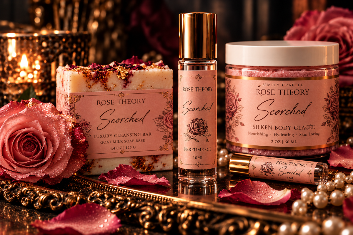 Scorched Rose Theory collection in blush and gold with artisan soap, fragrance oil, and Silken Body Glacée