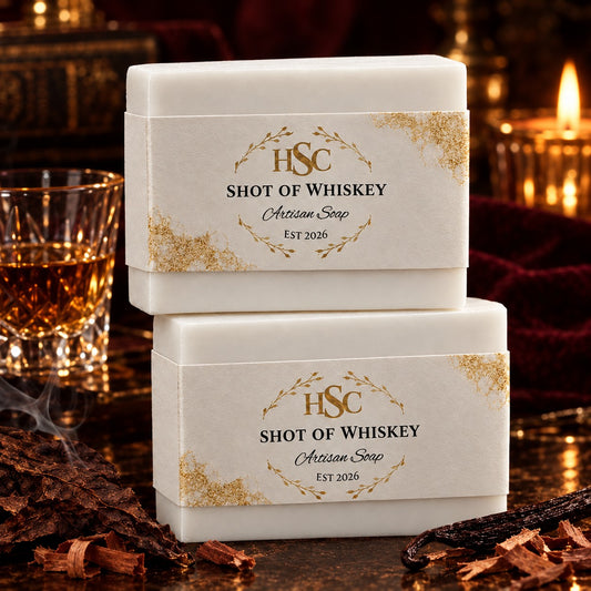 Shot of Whiskey Artisan Soap, pristine white bars with the HSC gold laurel label