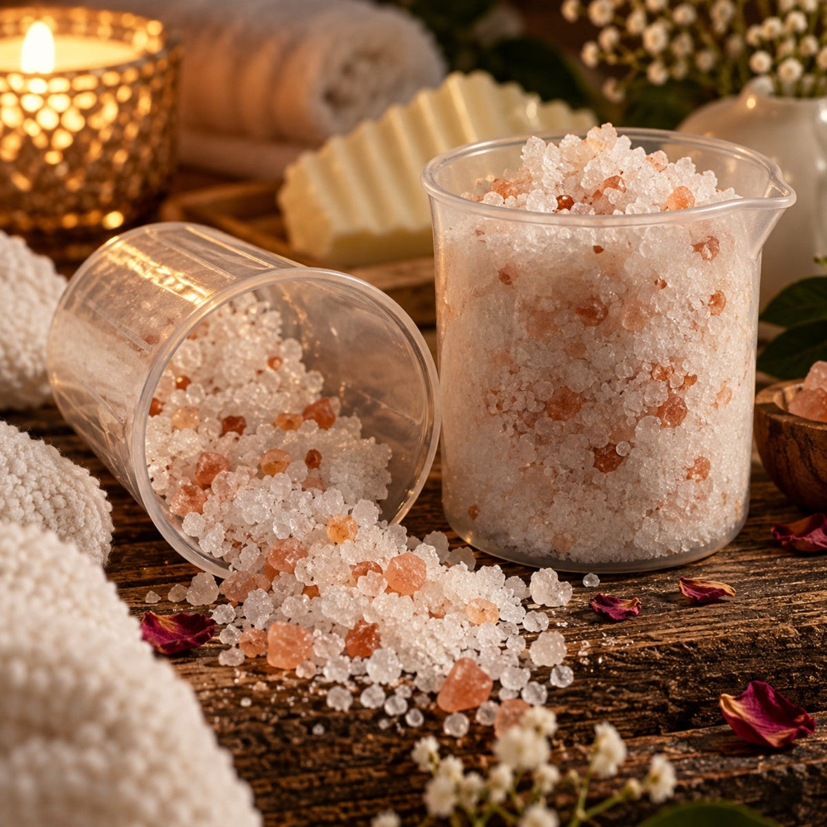 Simply Marie bath soak salts with warm rose and golden spa styling