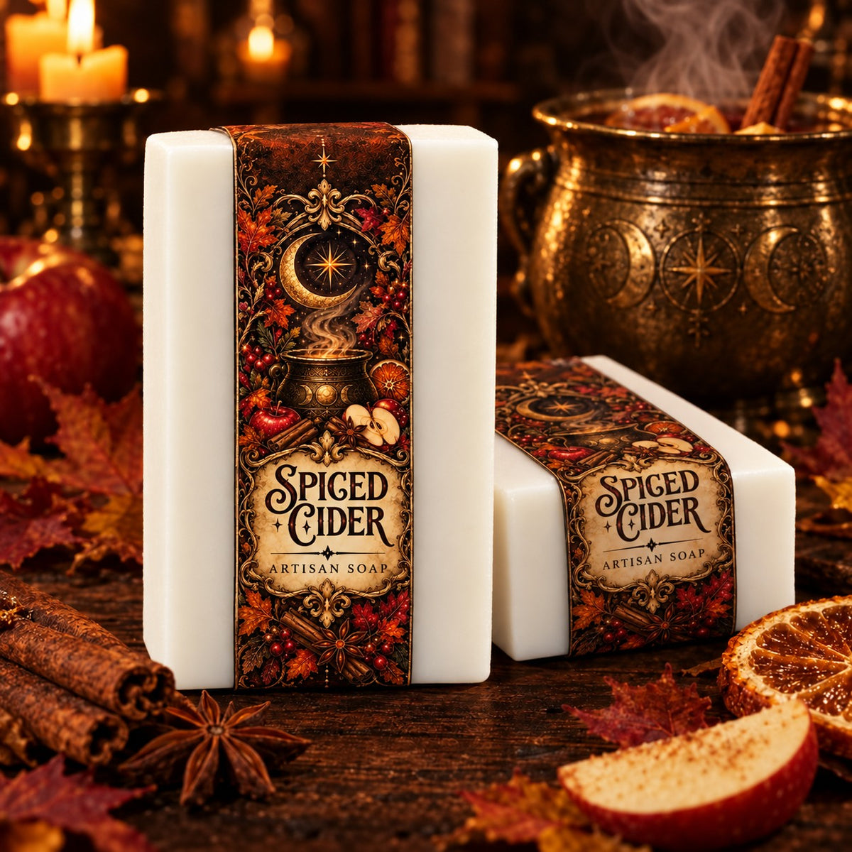 Spiced Cider Artisan Soap, pristine white bars with the seasonal apothecary label