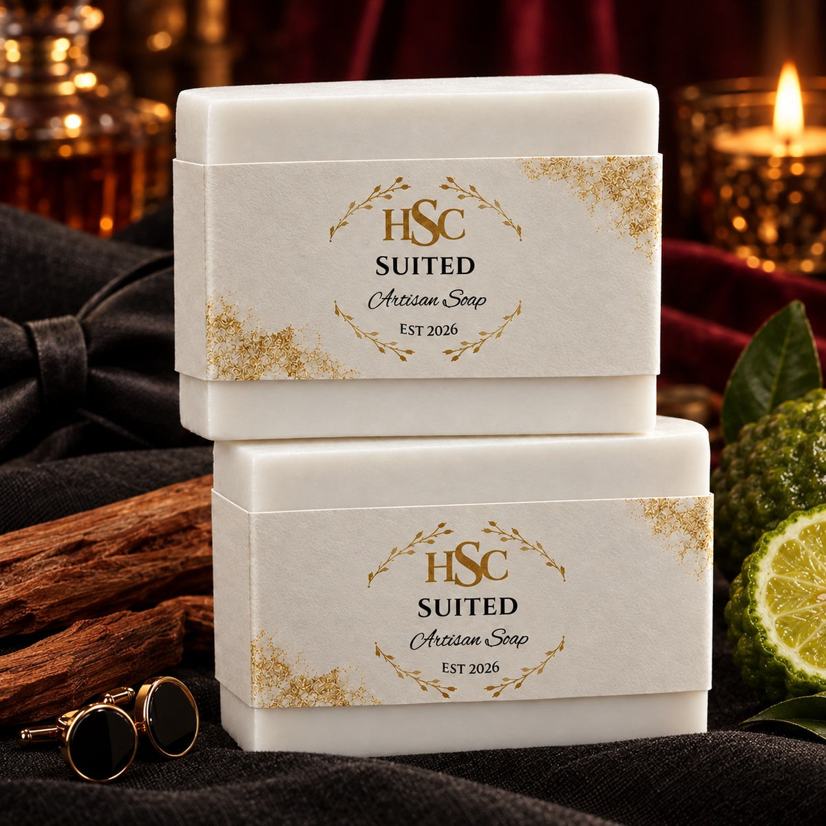 Suited Artisan Soap, pristine white bars with the HSC gold laurel label