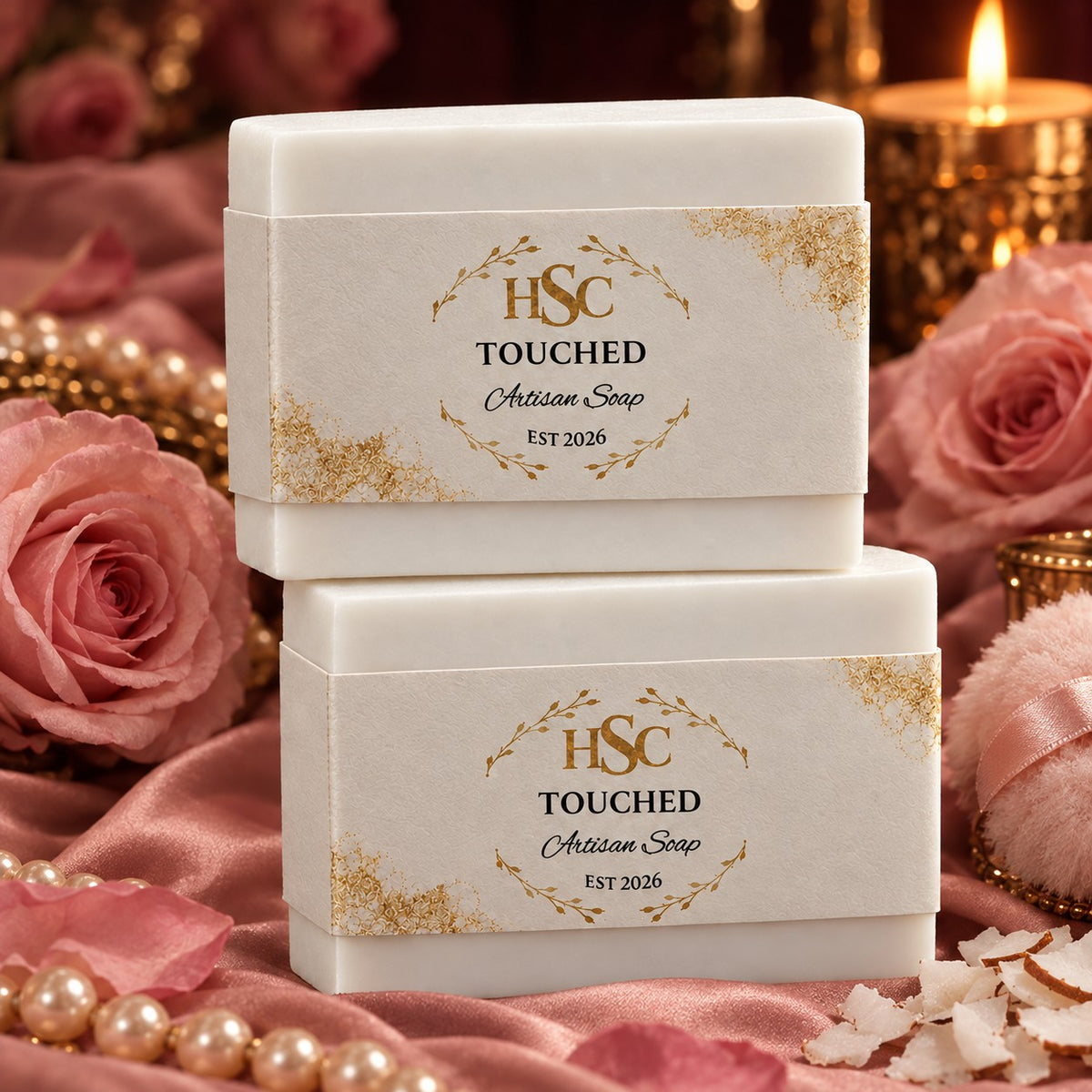 Touched Artisan Soap, pristine white bars with the HSC gold laurel label