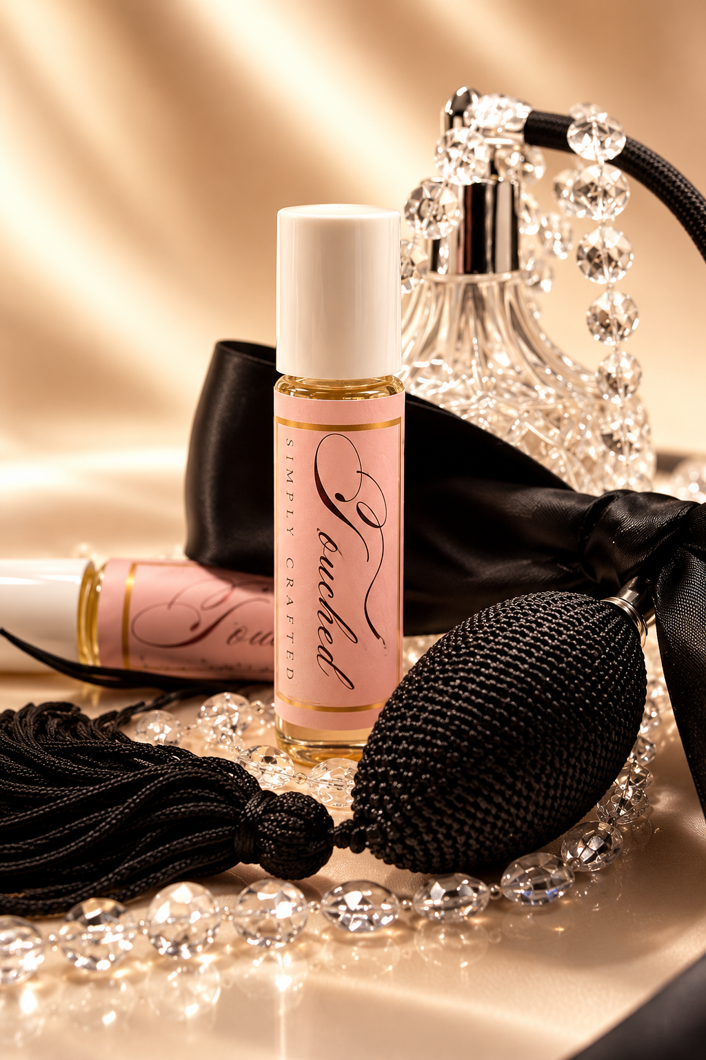 Touched fragrance roller in blush pink and gold with crystal accents