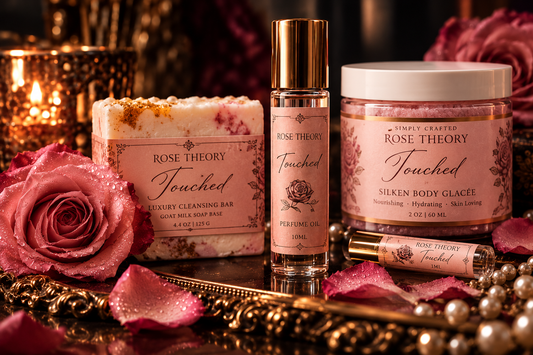 Touched Rose Theory collection with artisan soap, fragrance roller, and Silken Body Glacée in blush and gold styling