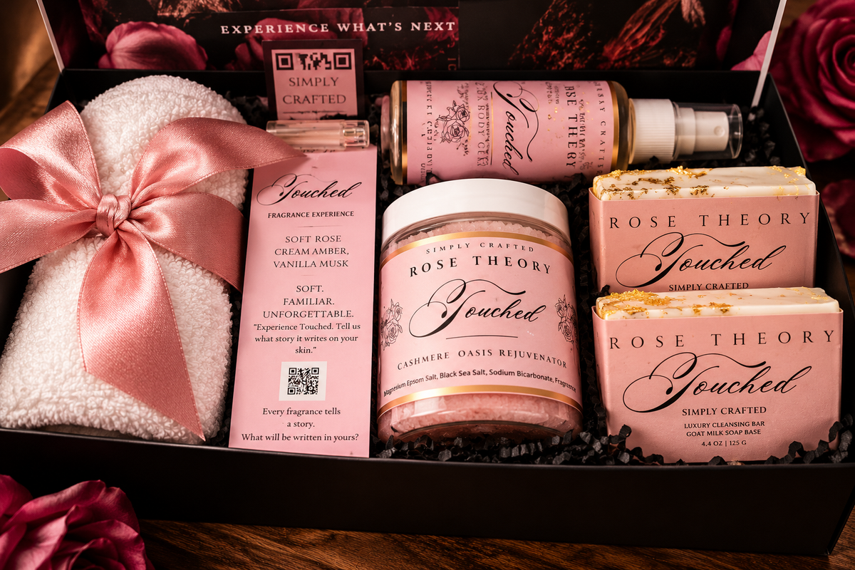 Rose Theory Touched self-care collection with bath soak, artisan soap, fragrance and gift details