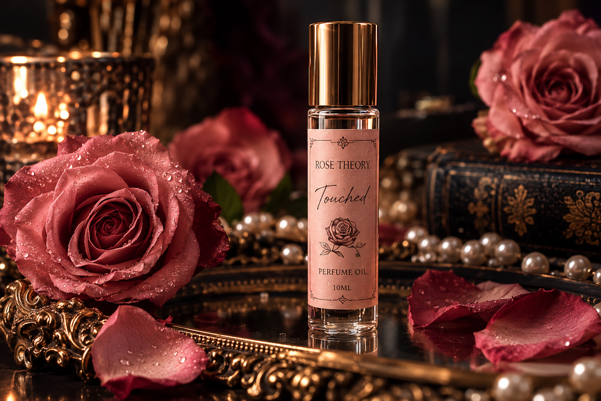 Touched Rose Theory fragrance roller in blush label and gold cap, styled with roses, pearls, and candlelight