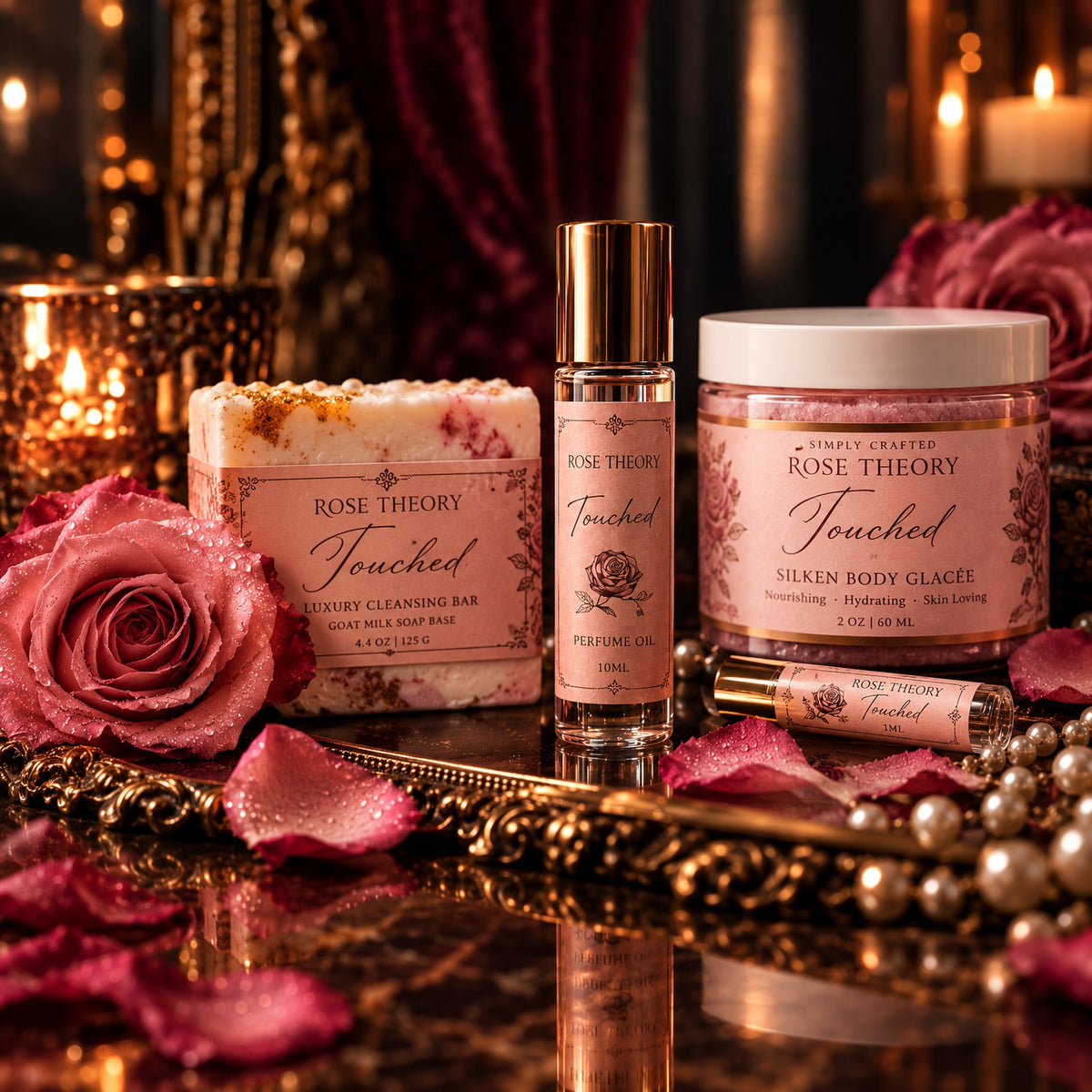 Touched Rose Theory collection with artisan soap, fragrance roller, and Silken Body Glacée in blush and gold styling
