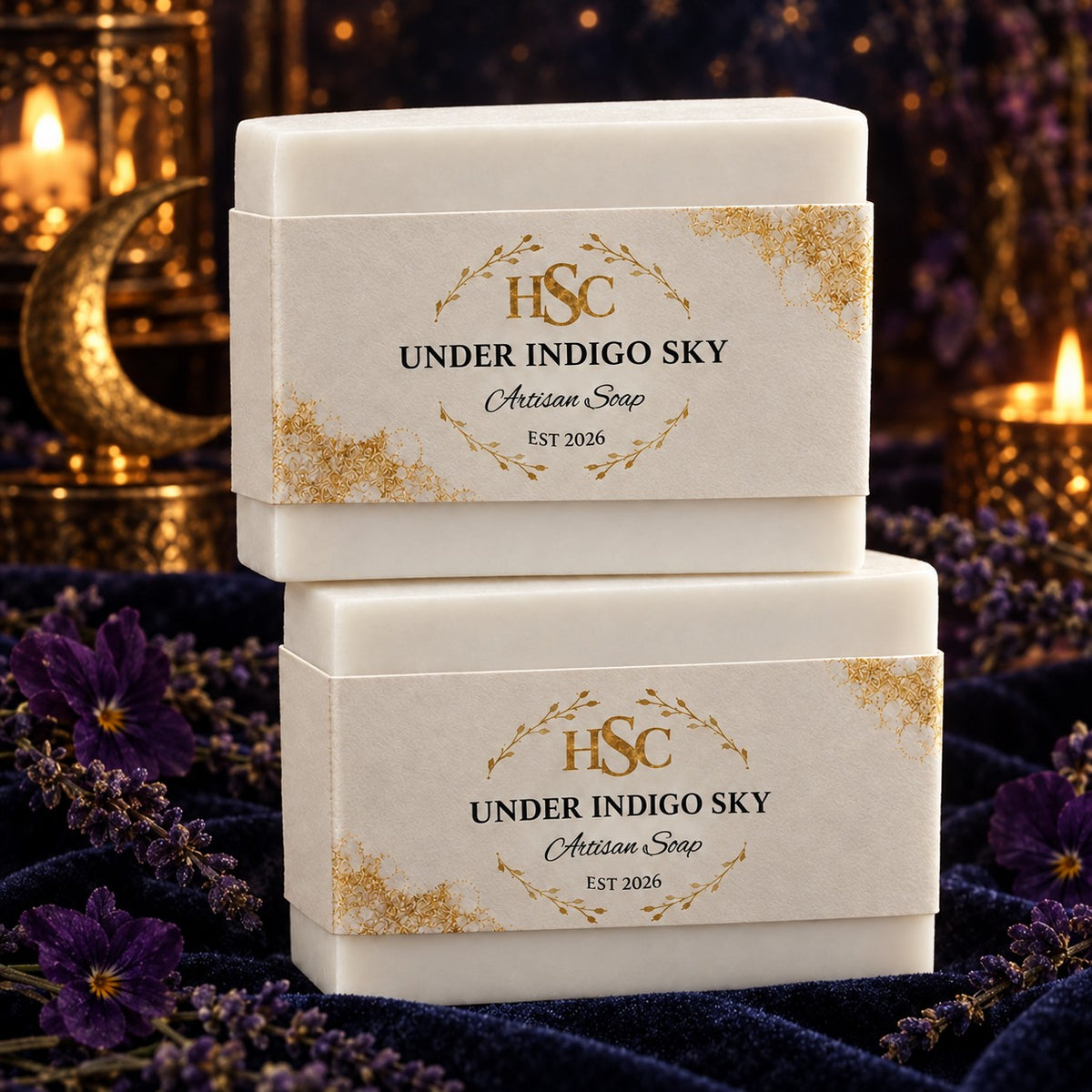 Under Indigo Sky Artisan Soap, pristine white bars with the HSC gold laurel label