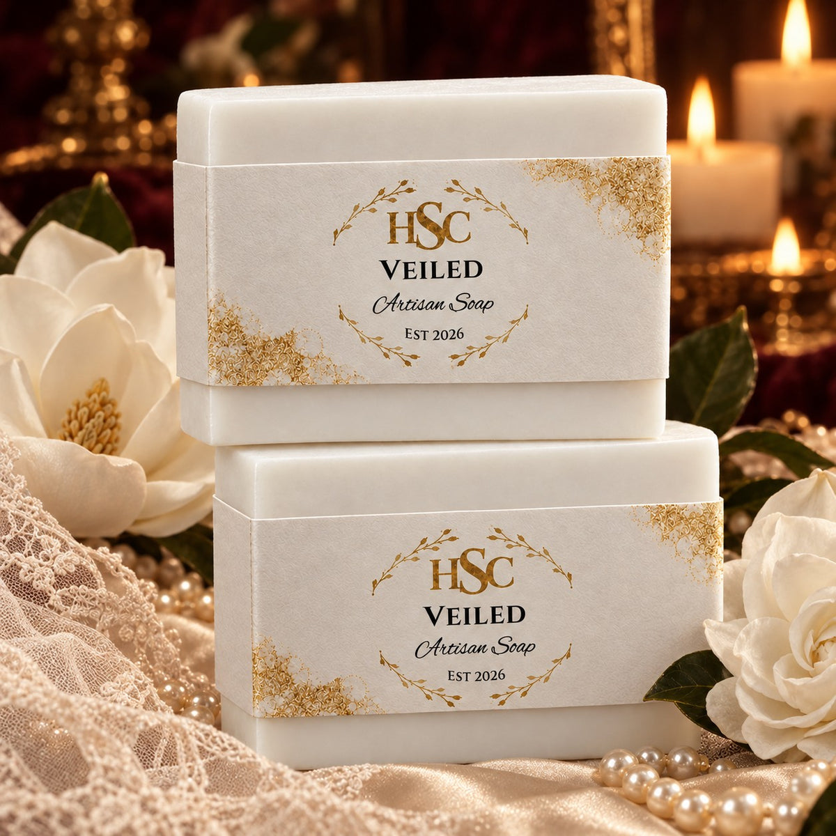 Veiled Artisan Soap, pristine white bars with the HSC gold laurel label