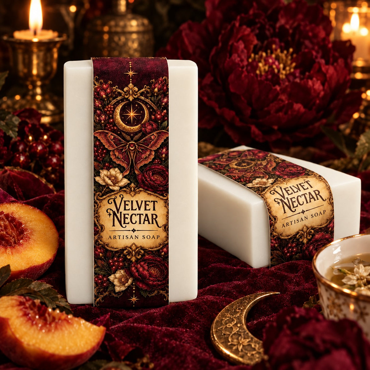 Velvet Nectar Artisan Soap, pristine white bars with the seasonal apothecary label