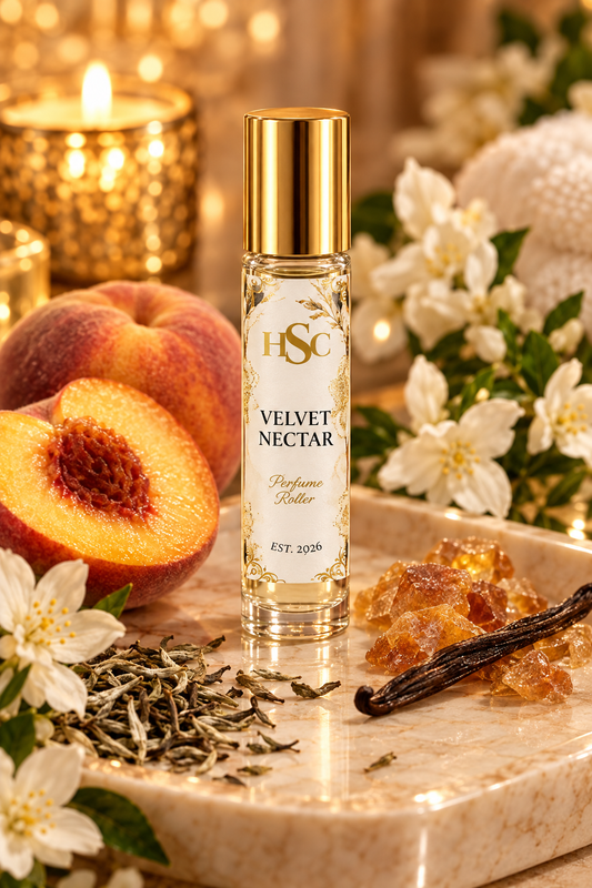 Velvet Nectar fragrance roller with peach, amber and white tea, House Simply Crafted