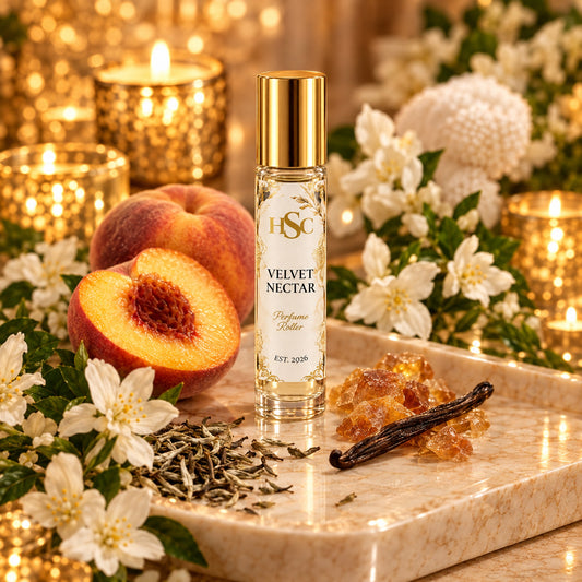 Velvet Nectar fragrance roller with peach, amber and white tea, House Simply Crafted