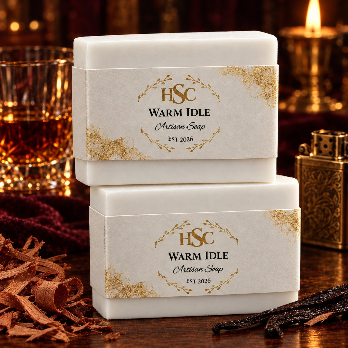 Warm Idle Artisan Soap, pristine white bars with the HSC gold laurel label
