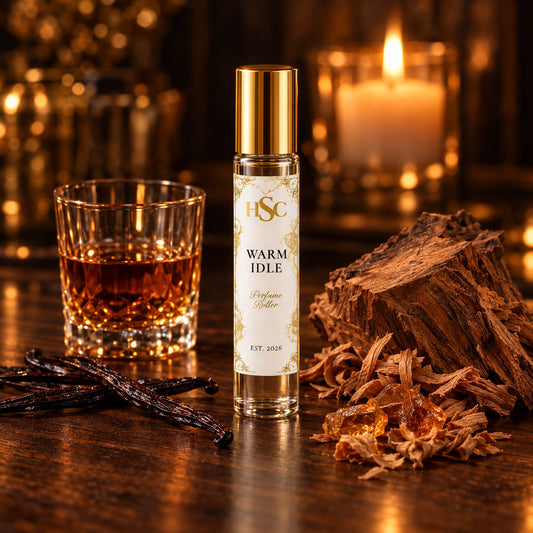 Warm Idle fragrance roller with rum, amber and teakwood, House Simply Crafted