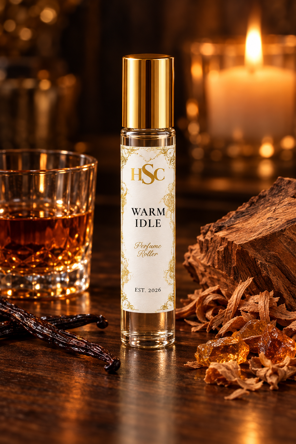 Warm Idle fragrance roller with rum, amber and teakwood, House Simply Crafted